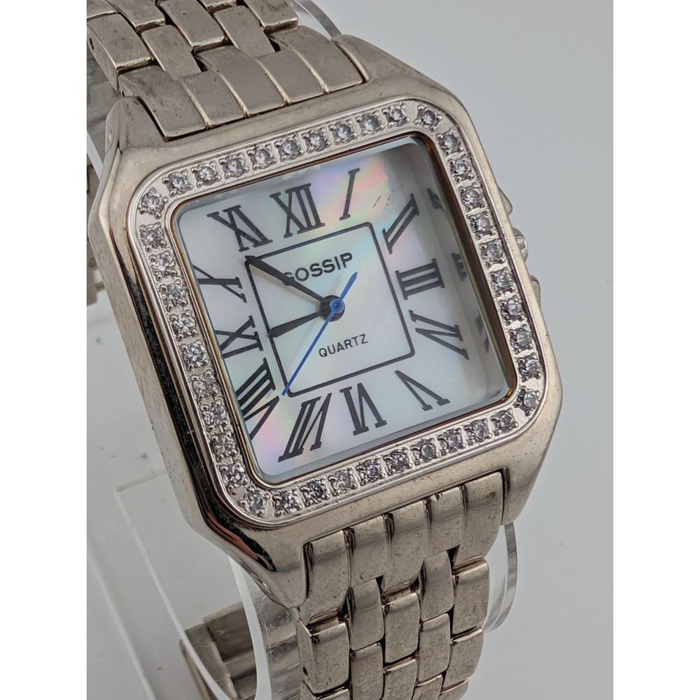 Gossip Watch Women MOP Dial Rhinestones Silver 7.5" Band GSP808- New Battery